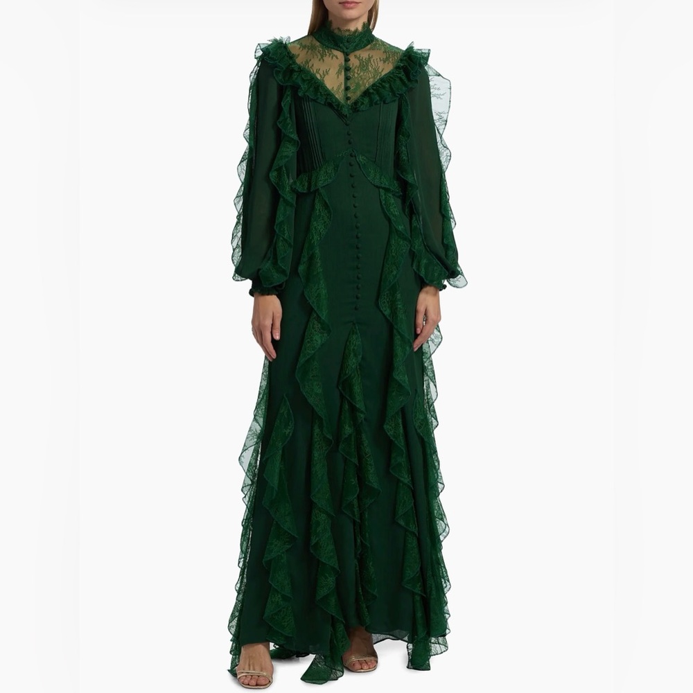 Alice and olivia elegant Green Ruffled Lace Maxi Dress SAMPLE
